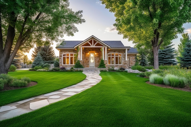 New luxury home with lush backyard walkway to a ornate porch