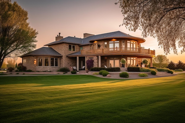 New luxury home with lush backyard walkway to a ornate porch