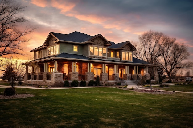 New luxury home with lush backyard walkway to a ornate porch