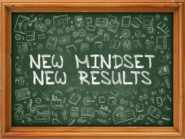 Photo new mindset new results hand drawn on green chalkboard