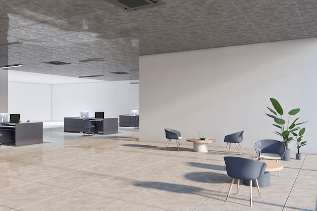 New minimalistic coworking interior with furniture 3D Rendering