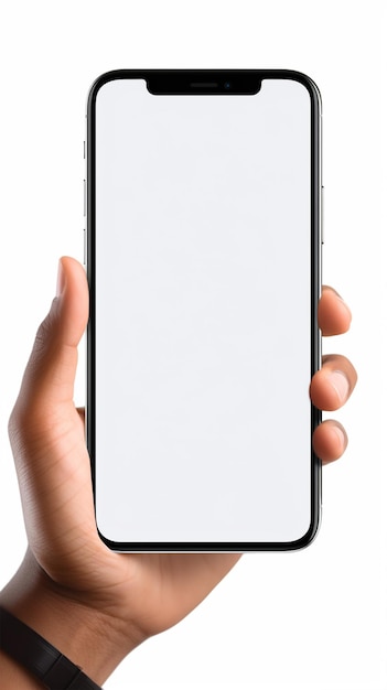 A new mobile mockup with a white background screen a hand holding a mobile phone with a blank white