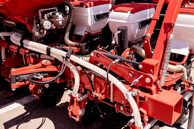 Photo new modern agricultural machinery and equipment details