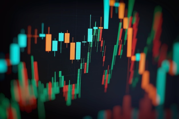 Nuovo computer moderno e strategia aziendale come concetto. diagramma finanziario con grafico a candele utilizzato nell'analisi di mercato per il rapporto sulla variazione del prezzo delle azioni