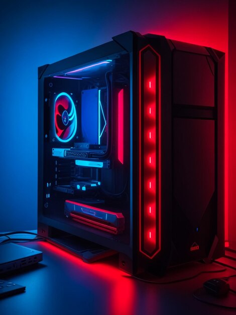 Photo the new modern powerful gaming computer with beautiful rgb lights of different color and a glass cas