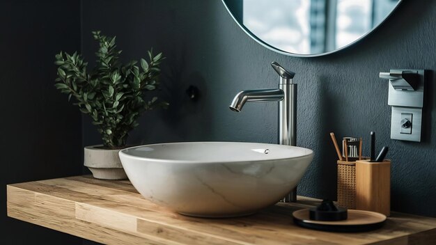 Photo new and modern steel faucet with the ceramic sink in the bathroom