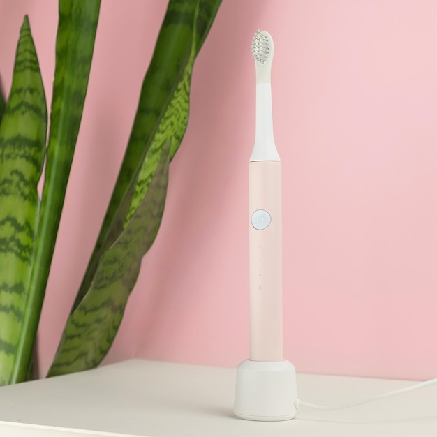 New modern ultrasonic toothbrushes. Dental care supplies with green leaves on pink pastel background. Oral hygiene, gum health, healthy teeth. Dental products Ultrasonic vibration toothbrush.