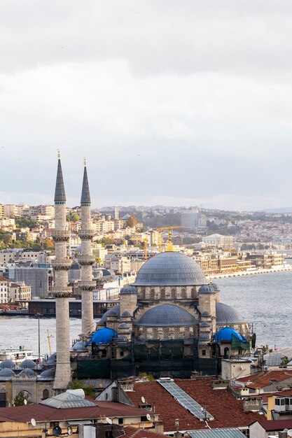 Nuova moschea con lo stretto del bosforo e la città, istanbul, turchia