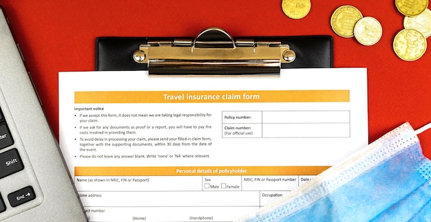 Photo new normal concept of travel insurance applicatin form, banner with official document and medical mask