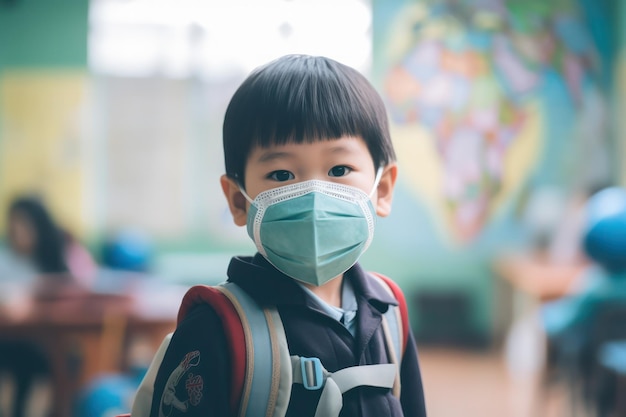 New Normal in Education Asian Schoolboy with Face Mask Guards Against COVID19 Safe Learning Environment