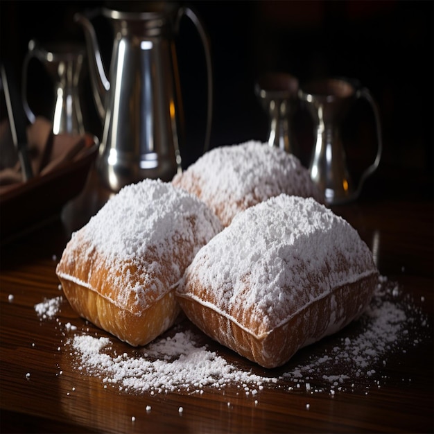 Foto new orleans geïnspireerde beignets op boerderij tafel met vintage achtergrond