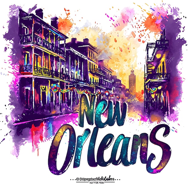 New Orleans Text With Ornate and Jazz Inspired Typography De Watercolor Lanscape Arts Collection