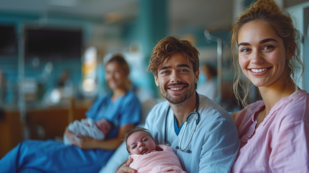 Photo new parents with newborn in hospital with midwife