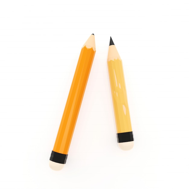 New pencil with Old and sharp pencil on blank white paper,3d illustration image, Education learning concept.