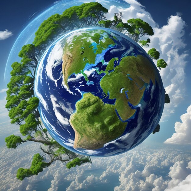 Новая фотоиллюстрация планеты Земля с деревьями концепция экологии ai генератив