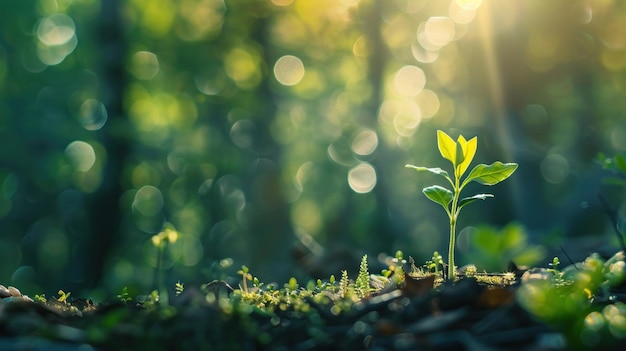 Photo new plant sprouting sunlight in forest