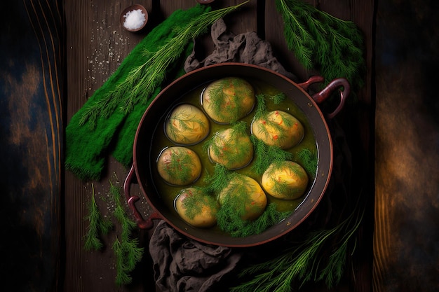 New potatoes being freshly boiled with new dill over a wooden backdrop a top view