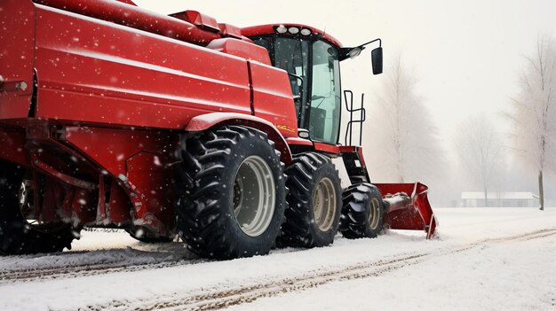 New red combine harvester at snowy weather