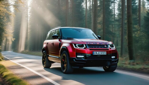 A New Red Land Rover Defender SUV is driving on a forest road in Frankfurt Germany