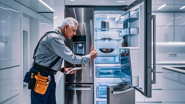 New refrigerator installation senior male technician checking refrigerator