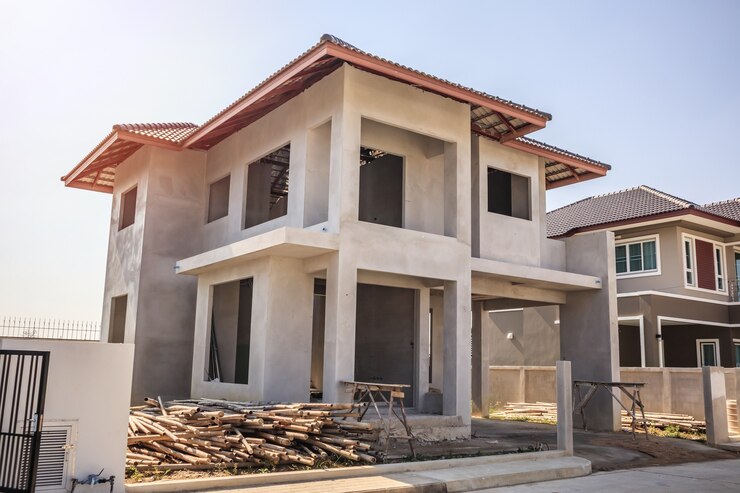 Photo new residential house contemporary style building in progress at construction site with blue sky