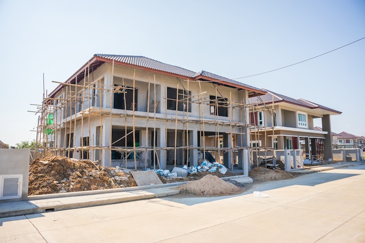 Photo new residential house contemporary style building in progress at construction site with blue sky