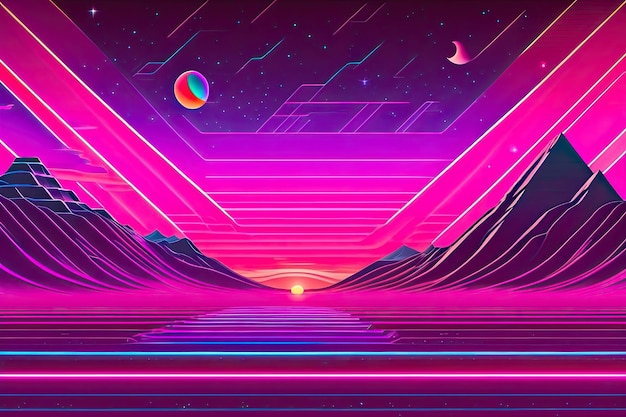 Новый фиолетовый неоновый фон Retrowave Art Generative AI