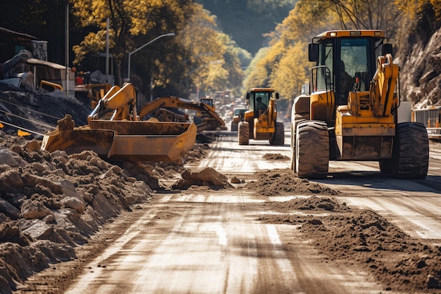 A new road is under construction with several pieces of heavy equipment