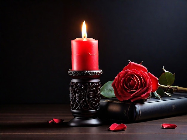 Nuove candele romantiche in fila con rosa rossa al buio