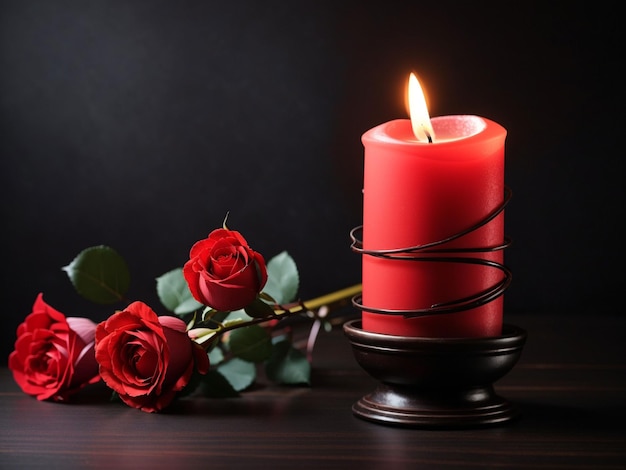 New Romantic candles in row with red rose in dark