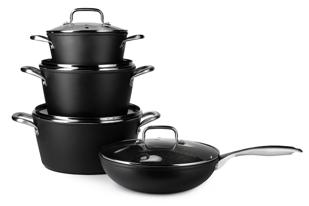 New set of black cookware isolated on white