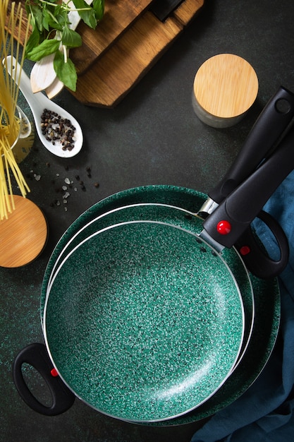 New set Empty fry pan with ceramic coatingon Top view flat lay