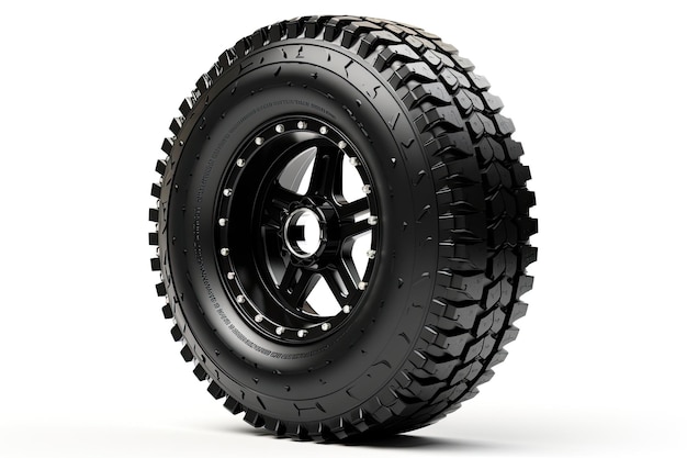 New shiny black tires are mounted on white truck wheels that are isolated on a white background Th