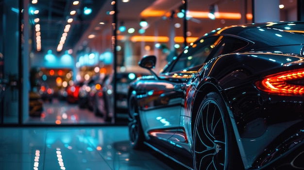 New shiny car in showroom of dealership modern luxury vehicle for sale Night reflections and lights background Concept of shop store window retail technology