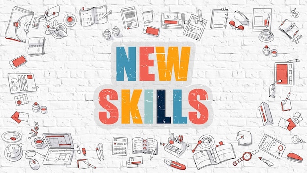 New Skills Concept New Skills Drawn on White Wall New Skills in Multicolor Doodle Design Modern Style Illustration Doodle Design Style of New Skills Line Style Illustration White Brick Wall