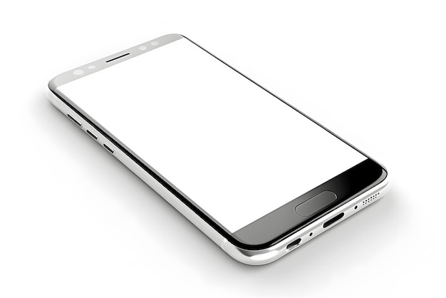 New smartphone with empty white display with mock up space in black frame perspective close up view