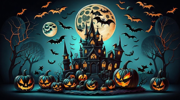 New Spooky Halloween Vector Background with Pumpkinfilled night moon halloween Best AI