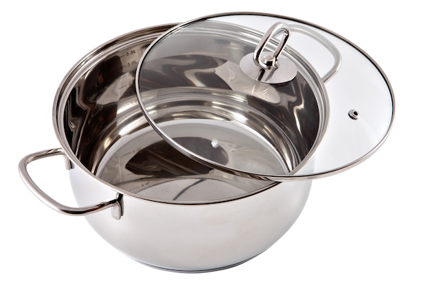 New stainless steel pan with transparent glass cover.