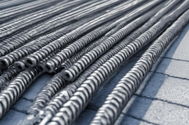 new steel rebar on a concrete surface realistic perfectly detailed shot on a dslr blue white