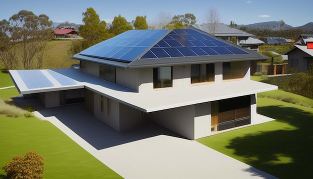 New suburban house with a photovoltaic system on the roof Modern eco friendly passive house with so