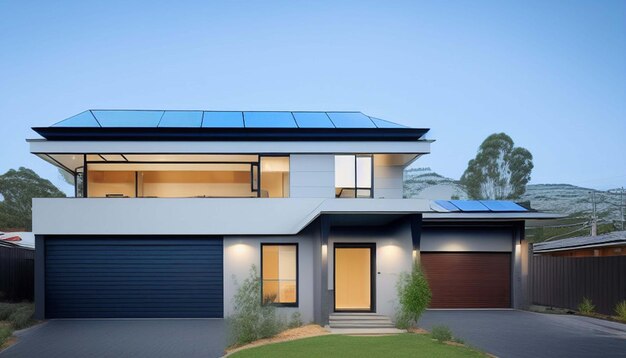 屋根に太陽光発電システムを搭載した新しい郊外住宅 現代的なエコフレンドリーパッシブハウス