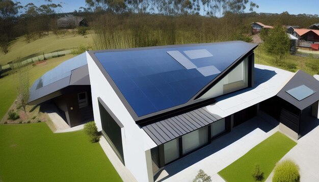 New suburban house with a photovoltaic system on the roof Modern eco friendly passive house with so