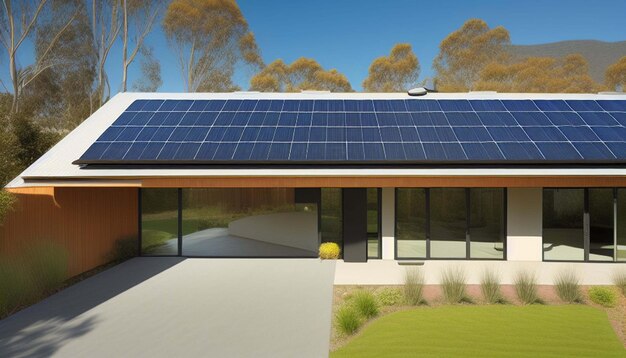 New suburban house with a photovoltaic system on the roof Modern eco friendly passive house with so