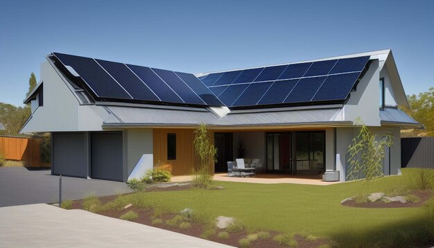 New suburban house with a photovoltaic system on the roof Modern eco friendly passive house with so