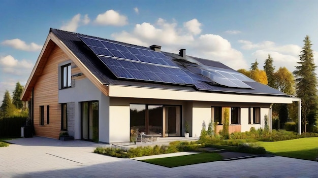 New suburban house with a photovoltaic system on the roof Modern eco friendly passive house