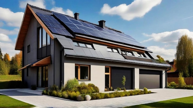 New suburban house with a photovoltaic system on the roof Modern eco friendly passive house