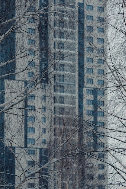New tall bulding under construction in progress Empty house View through the bare branches of a tree on highrise building Foreground set focus