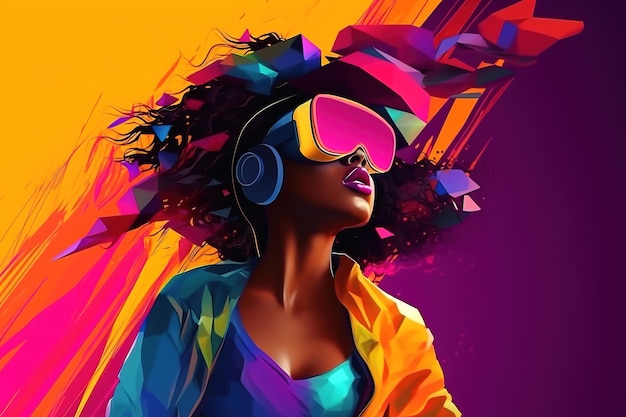 New technologies of virtual reality Cool young woman of african american ethnicity wearing vr glasses and headphones enjoying cyberspace Colorful illustration of Generative AI