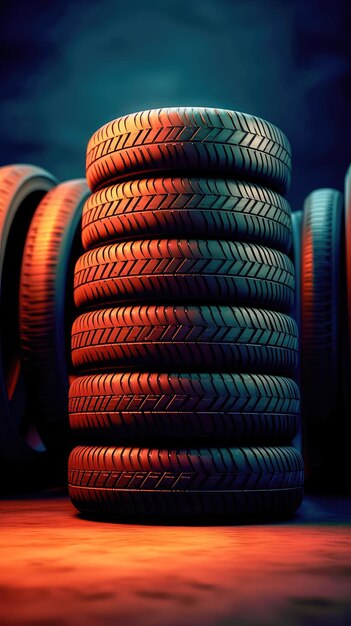 Photo new tires pile on a dark background tyre fitting background stock of car tires generative ai