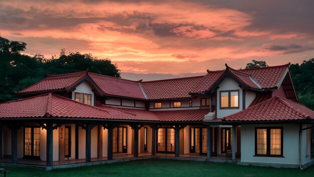 New traditional house at dusk